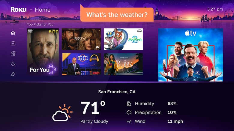The Roku Home screen displaying weather information for San Francisco, California, a text bubble stating "What's the Weather" can be seen at the top of the image