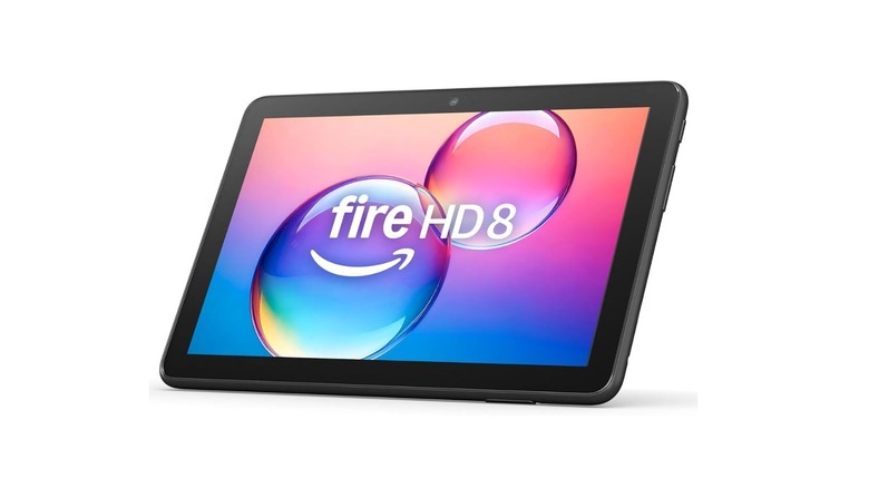 An Amazon Fire HD 8 tablet against a white background