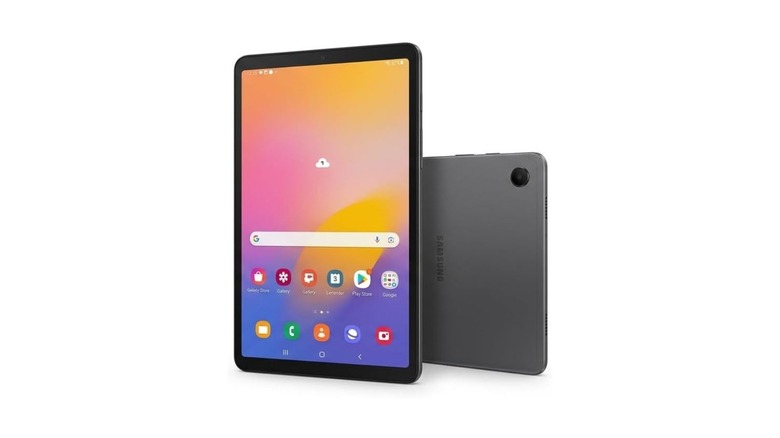 A front-facing Samsung Galaxy Tab A9 alongside one lying down on its side, showing the back