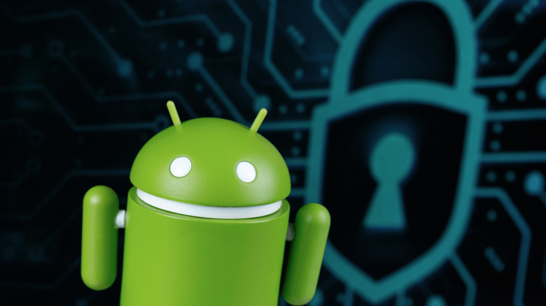 Android logo with backdrop of security symbol