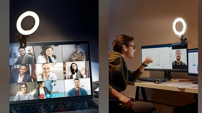 A side-by-side promotional-style image showing ring lights clipped to computer monitors during video calls or streaming sessions.