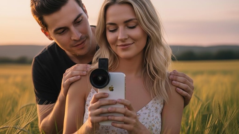 A woman holding an iPhone fitted with a large clip-on external lens while another person looks over her shoulder in a wheat field.