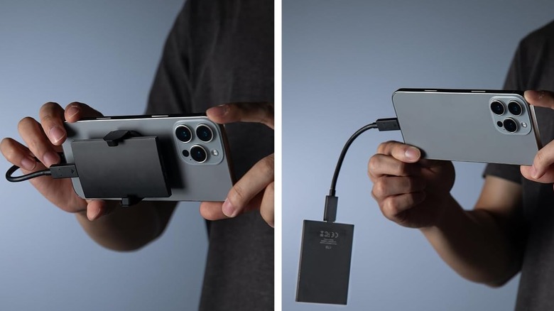 Side-by-side view of an iPhone connected to an external SSD, with one image showing the drive mounted to the phone and the other showing it hanging by a USB-C cable.