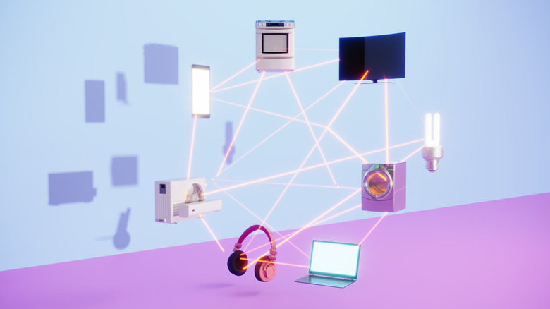Various consumer electronics, including a phone, oven, TV, washing machine, laptop, lightbulb, and gaming console, connected by a white web.