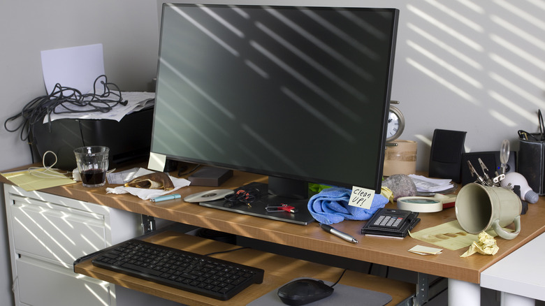 A cluttered desk space