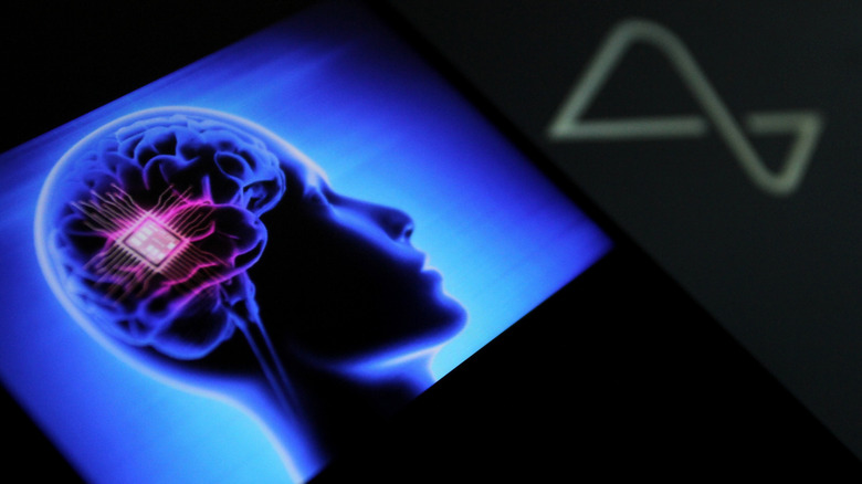 A graphic of a person's brain with an integrated microchip alongside the Neuralink logo.