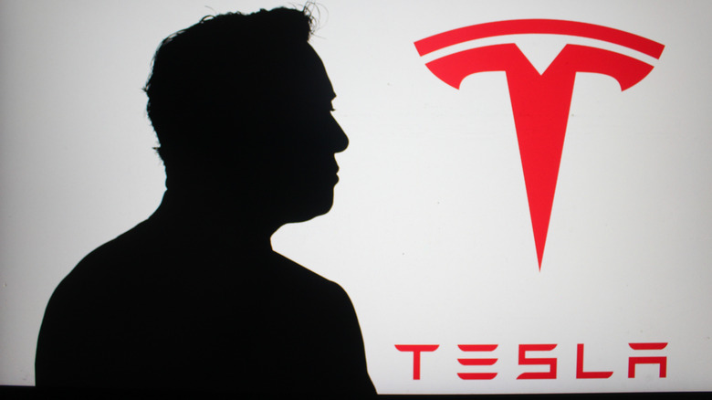 Elon Musk's silhouette visible against the Tesla company logo.