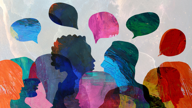 Abstract illustration of colorful overlapping human silhouettes with speech bubbles, representing conversation, communication, or social discussion.