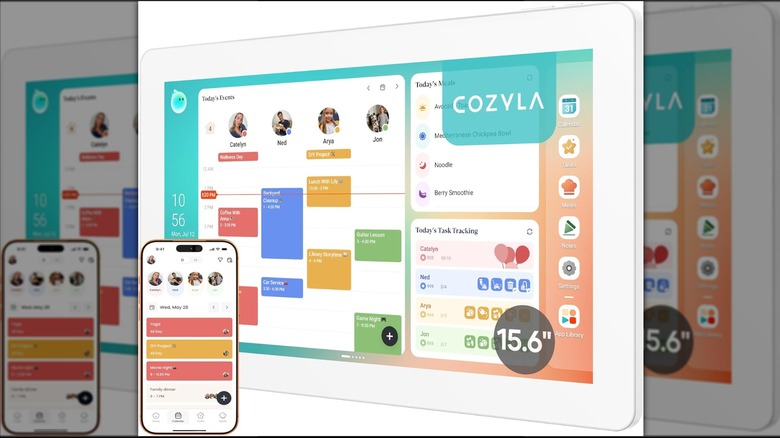 A white-bordered digital calendar, plus a smartphone displaying an app with a similar user interface.