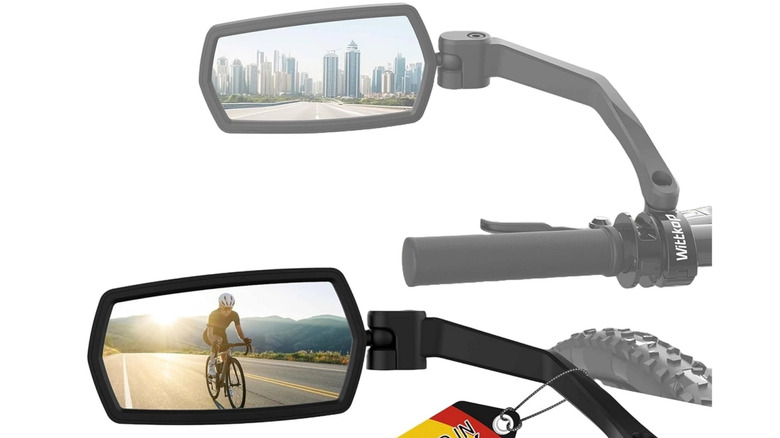Two images of rearview mirrors attached to bike handles.
