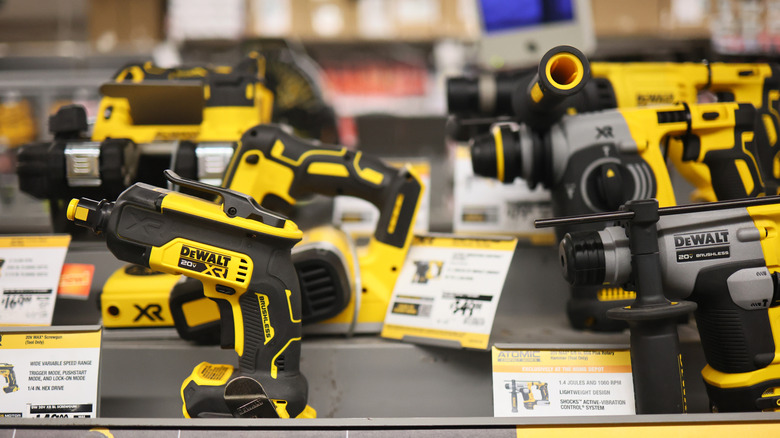 Group of power tools on display