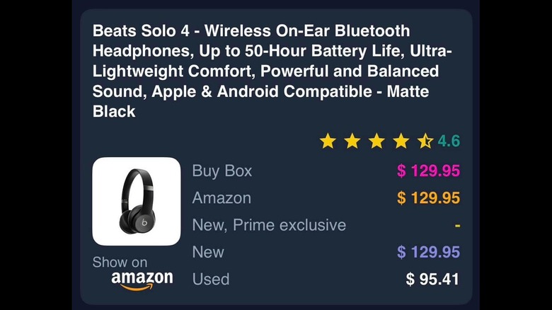 The prices of the Beats Solo 4 headphones in the Keepa app.