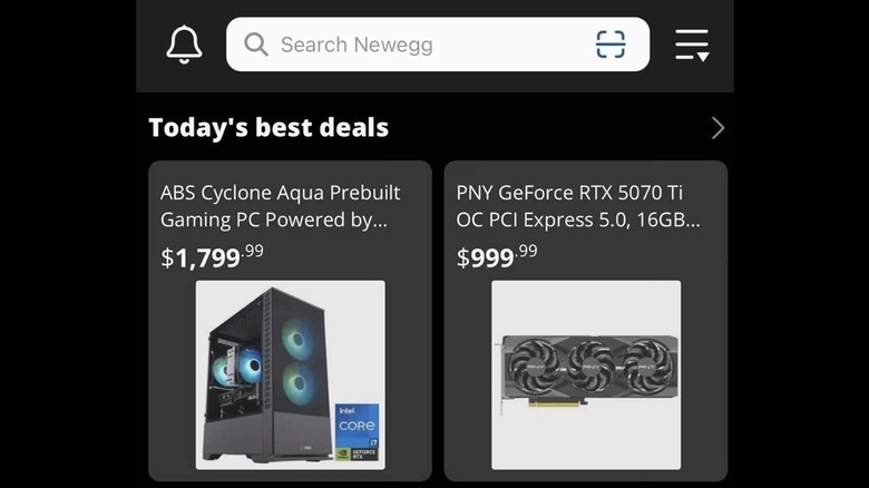 The today's best deals section on the Newegg app.