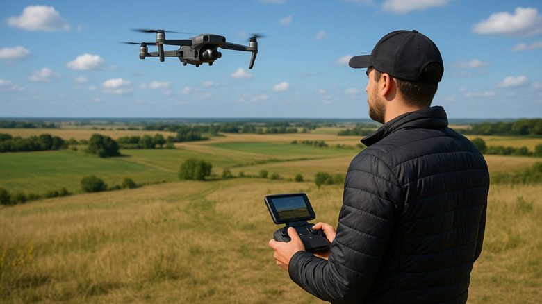 A person operating a quadcopter drone in an open rural landscape using a handheld remote controller with a built-in screen