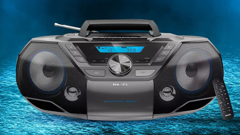 A Philips Portable Boombox against a blue background.