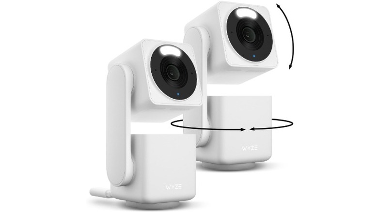 A product render of two Wyze Cam Pan V4 security cameras.