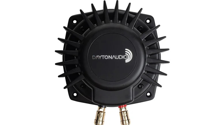 A single Dayton Audio bass puck tactile transducer, designed to be attached to your furniture