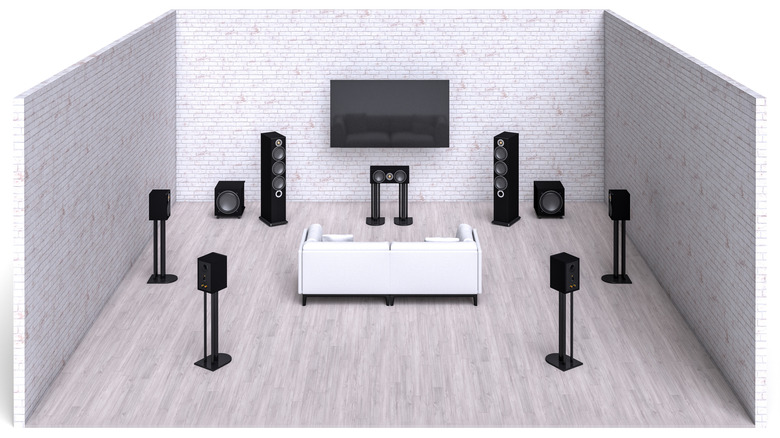 3D render of a living room with 7.2 surround sound speakers strategically placed
