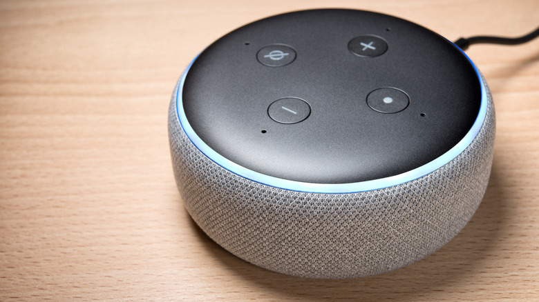 Close up of Amazon Echo device on a nightdesk