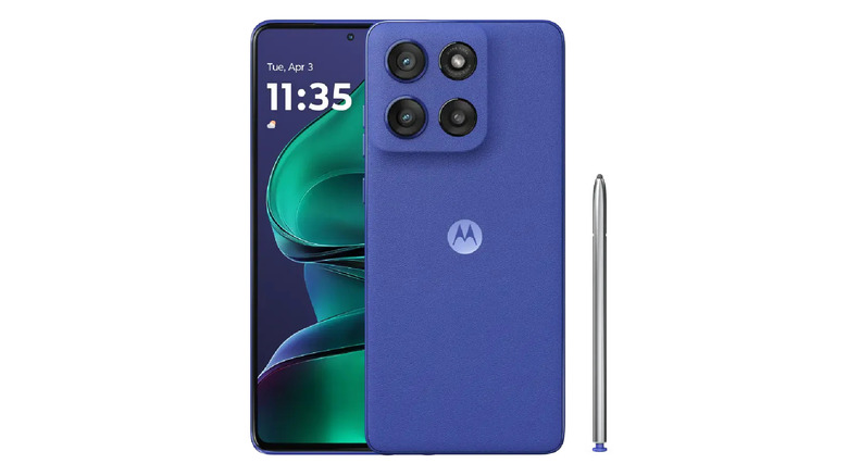 The front, back, and stylus of the Motorola Moto G Stylus