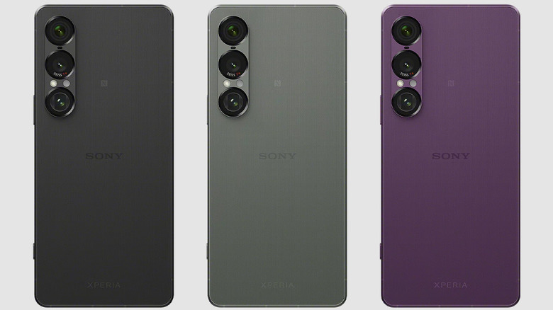Triple Sony Xperia phones in dark grey, light grey, and purple