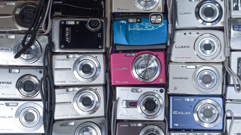 Several old point-and-shoot cameras lined up on a table