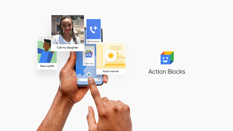 Action Blocks logo with a smartphone displaying various icons and an Action Block command