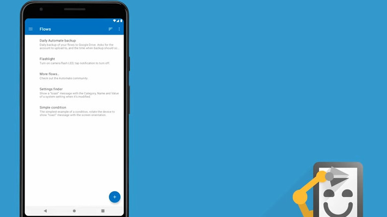 Automate flow application on smartphone with a blue background and the Automate mascot