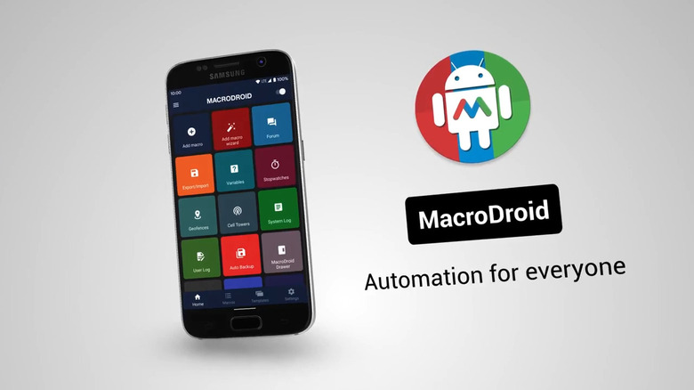 MacroDroid application on smartphone with MacroDroid logo on side