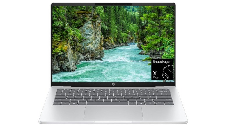 A product render of the HP OmniBook 5 14-inch laptop, with Snapdragon branding on the screen.