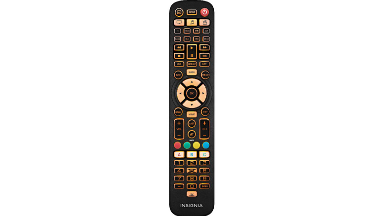 The Insignia NS-RMT8D21 universal remote with backlit keys on a white background