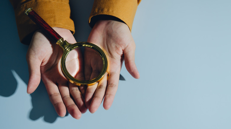 Two open hands are held together, palms up, with a magnifying glass resting across them.