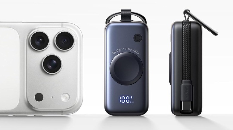 A compact portable power bank is shown from multiple angles next to a smartphone camera module.