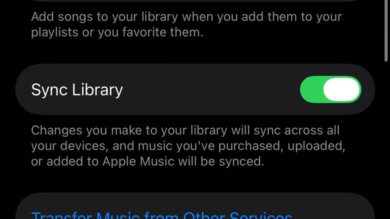 The Sync Library feature under Music in the iOS Settings menu.
