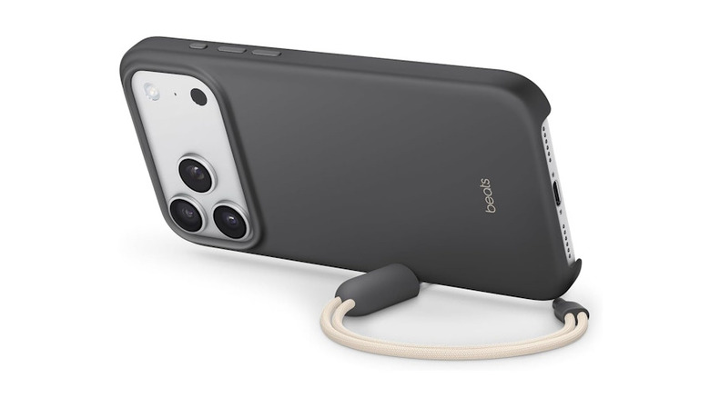 iPhone with the Beats case, using the lanyard kickstand to hold it up