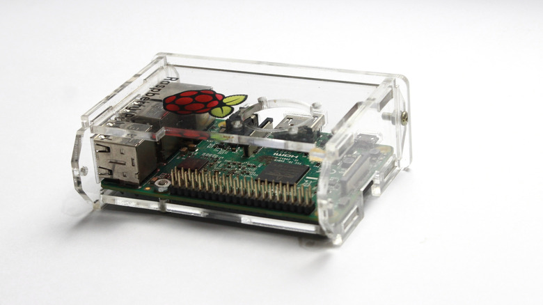 A Raspberry Pi in a transparent case.