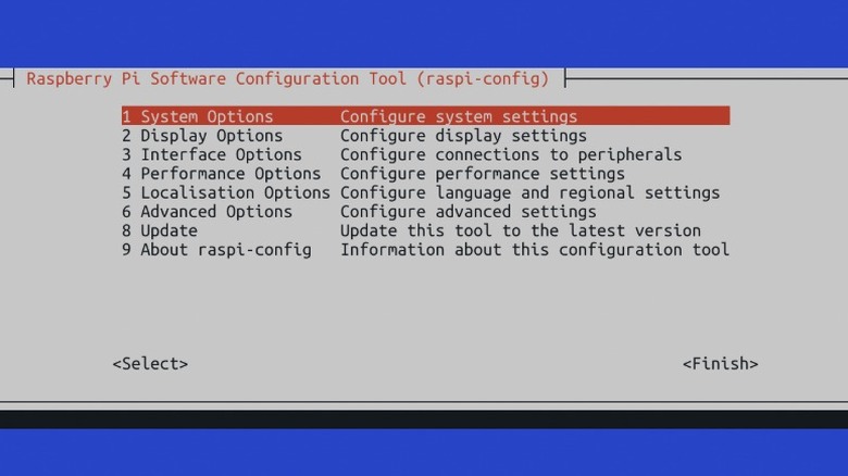 A screenshot of the Raspberry Pi Software Configuration Tool Menu displaying various options that change system settings.