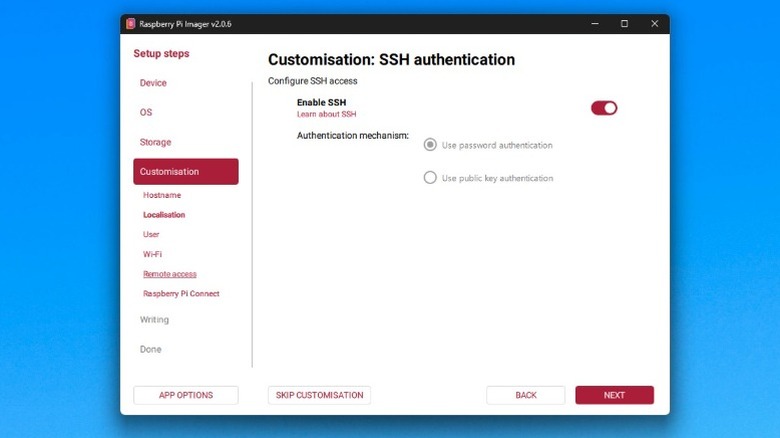 A screenshot of the Raspberry Pi Imager Customization Tab. The main screen shows the SSH authentication screen.