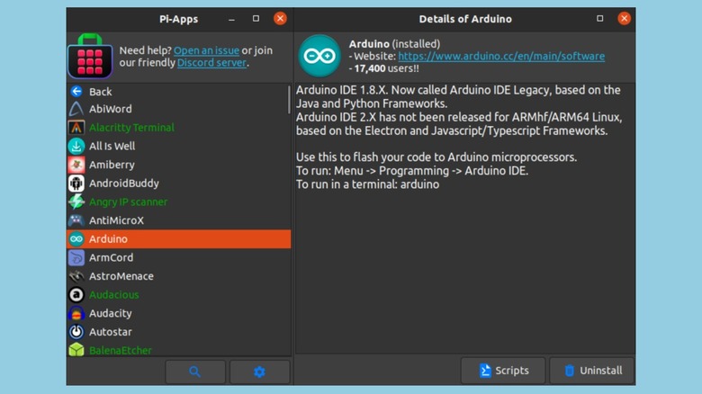A screen of the Pi-Apps store on the Raspberry Pi OS displaying a list of apps and a description for the Arduino app.