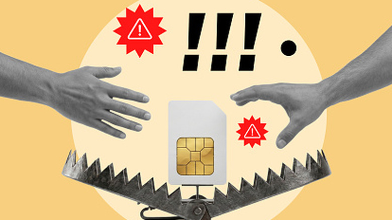 Illustration of two hands reaching toward a SIM card positioned above a bear trap, with warning symbols and exclamation marks indicating danger.