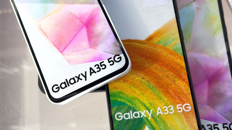Ssamsung Galaxy A Series 5G smartphones stacked near each other.