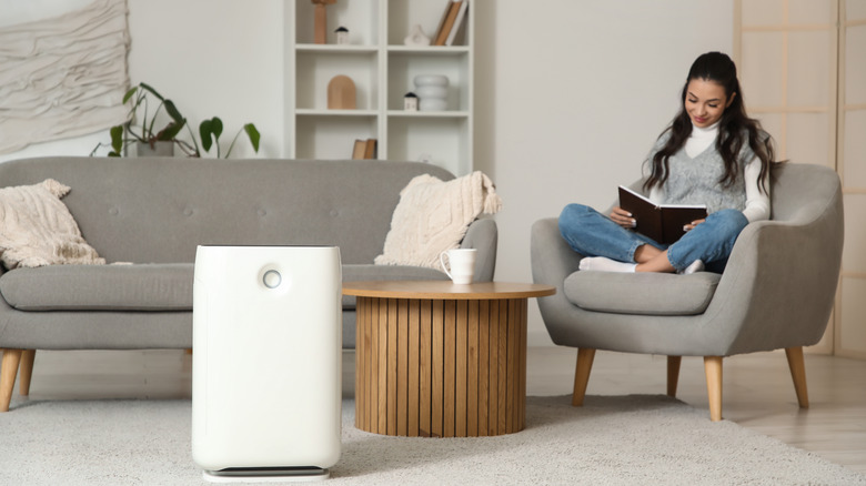 A woman sitting in the living room with an air purifier
