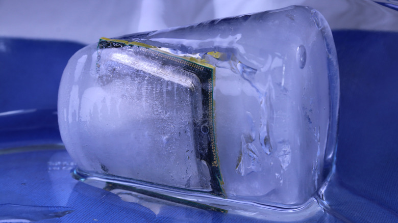 Computer processor encased in a block of ice.