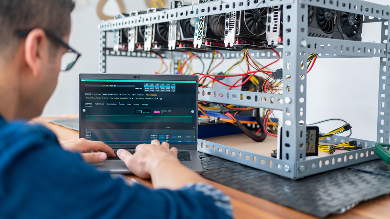 A person operating a crypto-mining rig with multiple GPUs.