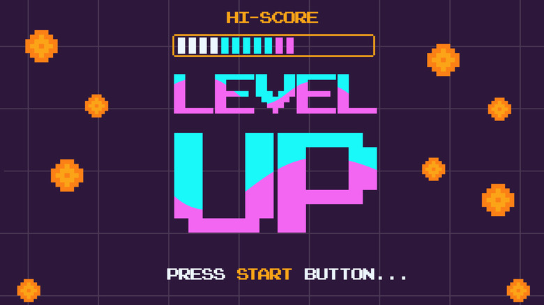 Pixel inspired art of a level up gaming screen