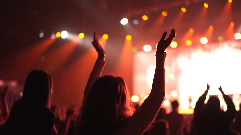 A crowd of people are silhouetted against the lights of a live music performance on stage.
