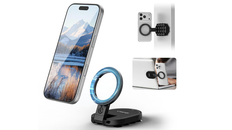 A phone connected to a MagSafe mount. The mount has a circular MagSafe holder that's hollow in the middle and connected to a rotating stand that has suction cups on one side and the Ulanzi logo on the other