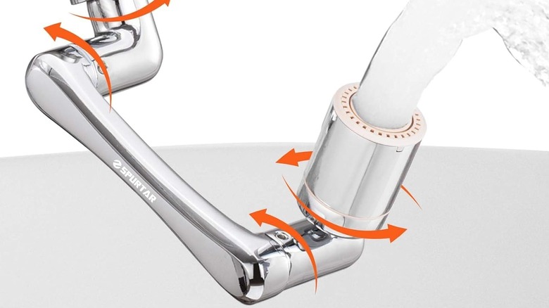 A three-jointed faucet with orange arrows showing where you can rotate it