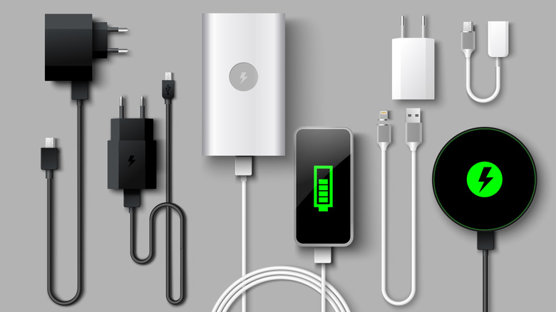 Various USB cables and devices, including chargers, phones, power banks, and adapters