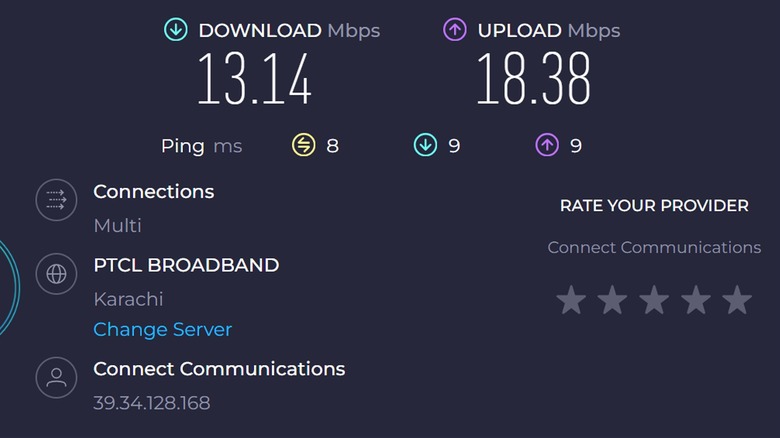Internet speed test results for download and upload speeds